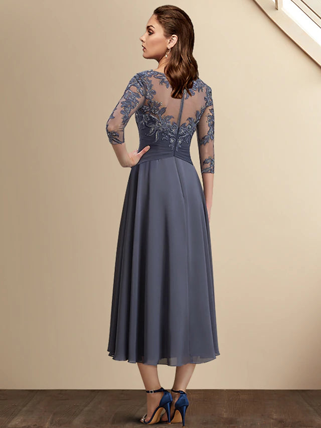 A-Linien-Kleid für die Brautmutter in Übergröße, elegant, hoch und tief, Rundhalsausschnitt, asymmetrisch, knielang, Chiffon, Spitze, 3/4-Ärmel mit Pailletten-Applikationen